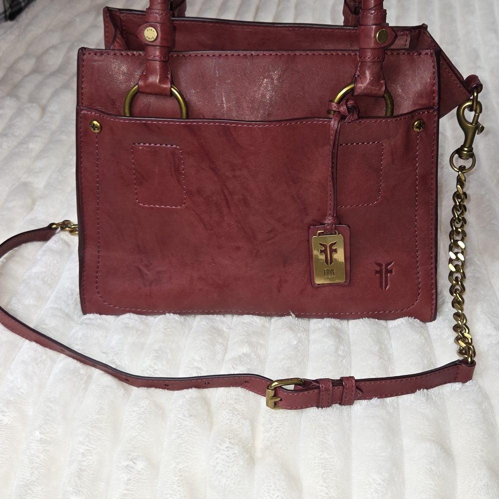 FRYE NEW BURNT APPLE DEMI LEATHER SATCHEL Burgundy Brass Handbag Crossbody Strap